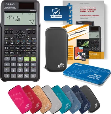Produktbild von Casio FX-87 DE Plus II Taschenrechner mit Tasche schwarz, Folie, Buch und Zirkel Set