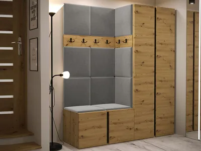 Obrázek produktu pro Předsíňová stěna s čalouněnými panely 42x42 SELAND 3 - dub artisan / šedá
