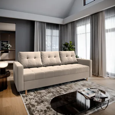 Produktbild von Sofa MILO Beige Plüsch-Stoff mit Schlaffunktion, Sofa mit Bettkasten, Sofa mit Bettkasten, Wohnzimmersofa, Couch, Soffa, Bettsofa, Couchgarnitur- Beige, PAROS 02