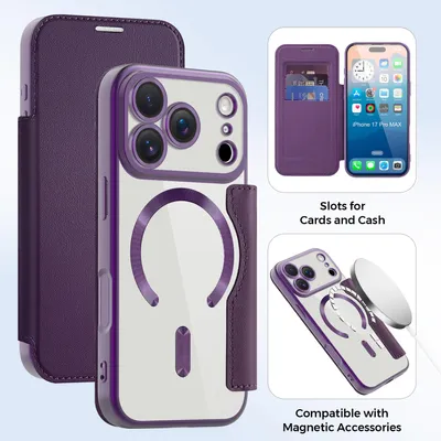 Produktbild von Klapphülle für iPhone 17 Pro Max Kompatibel mit Magsafe, Klar Überzug Kartenhalter Ledertasche mit Kameraschutz Lila