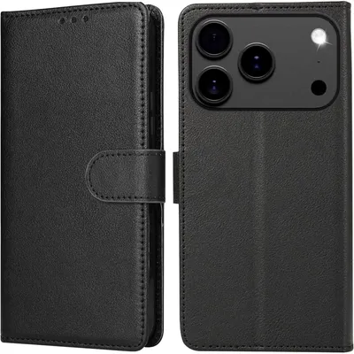 Image de Étui de protection rabattable en cuir pour iPhone 17 Pro, couleur noire, avec porte-cartes et fonction support