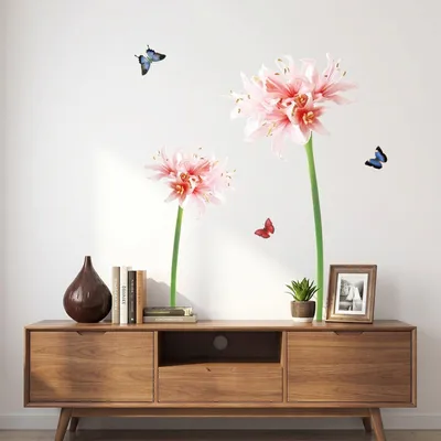 Produktbild von Dekorative Wandaufkleber mit rosa und weißen Lilien und Schmetterlingen.