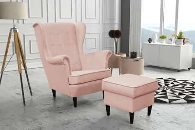Obrázek produktu pro Kaiser Möbel Elegantní set, dřevěný rám, sada křídlových židlí + podnožka, látka Velutti světle růžová