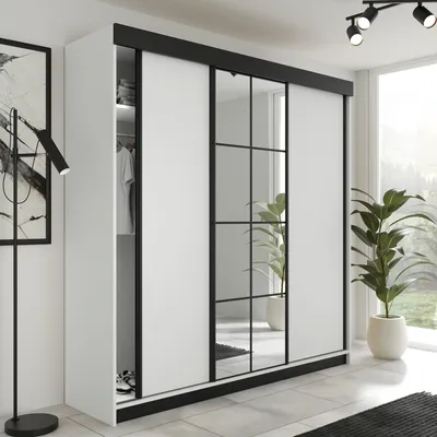 A modern white wardrobe with black accents and mirrored doors, set in a bright, contemporary room with a large window and plants.