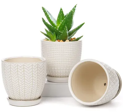 Productafbeelding van Bloempot set van 3, keramiek, rond, met afvoergat en onderzetter, diameter 11,2 cm
