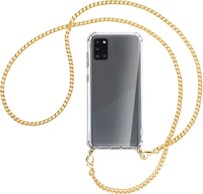 Produktbild von Handykette Backcover-Schutzhülle mit Band (Metall goldfarben) für Samsung Galaxy A31 - goldfarbene Kette