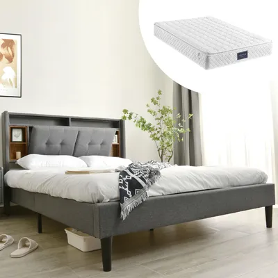 Image de MODFU Lit déco 140 x 200 cm – Tiroirs et LED avec ports USB – Matelas inclus – Gris