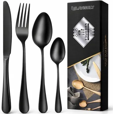 Produktbild von Ein 16-teiliges Besteckset aus schwarzem Edelstahl, spiegelglanzpoliert, für 4 Personen, langlebig und hochwertig