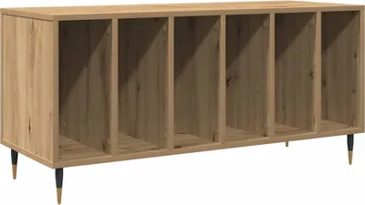 A wooden cabinet with six open compartments and four legs.