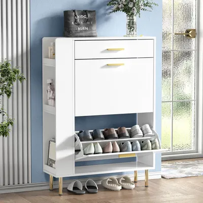 Obrázek produktu pro Botník se 2 zásuvkami na boty, rozměry 75 x 24 x 105 cm, bílá barva