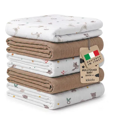 Produktbild von Kikido Spucktücher Baby 100 % Baumwolle 30 x 30 cm - 5er Set Mulltücher Baby - Seil
