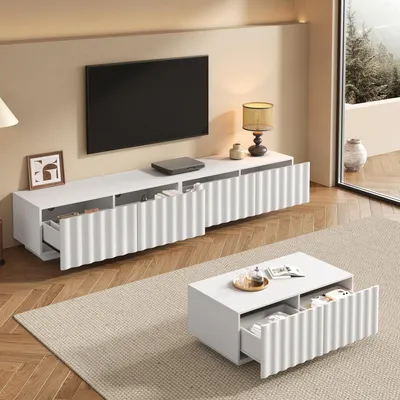 Obrázek produktu pro STILVORA Obývací set s vlnitým designem, televizní skříňka s konferenčním stolkem, moderní úložný set, stabilní a praktický