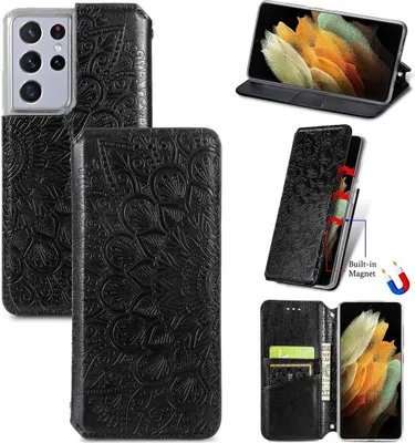Produktbild von König Design Hülle kompatibel mit Samsung Galaxy S21 Ultra Kunstleder Handyhülle - Handy Case Schwarz