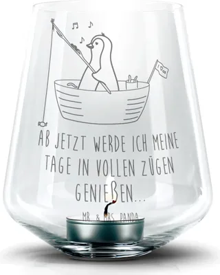 Produktbild von Mr. & Mrs. Panda Glas Teelichthalter Pinguin Angelboot - Transparent - Geschenk, Angeln, Neustart, Windlicht, Laterne, gravur, Boot, Kerzenglas, Optimistisch, Trennung