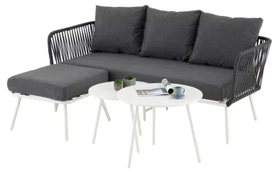 Produktbild von Gartenlounge MYKONOS, weiß/grau - Balkon Lounge Sofa mit Dreisitzer, Hocker & Beistelltisch, wasserabweisende Kissen, wetterfest für Balkon und Terrasse