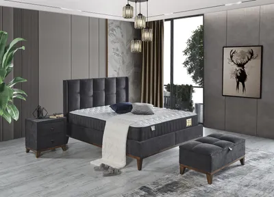 Produktbild von Schlafzimmer-Set "Rina" – Bett mit Bettkasten und Matratze , Nachttisch, Bettbank-Anthrazit