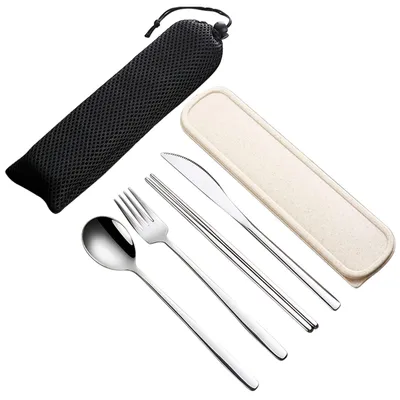 Produktbild von 4-teiliges Tragbares Reisebesteck Set - Wiederverwendbares Besteck für Mittagessen und Camping