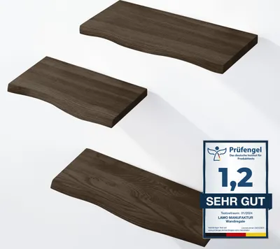 Produktbild von LAMO Manufaktur 3 Stück Wandregal aus Holz mit unsichtbarer Befestigung 42/36/30cm | Wandregal aus 100 % echtem Holz | Hängeregal für Wohnzimmer, Wandregale SET 1 Baumkante Farbe: Schwarz
