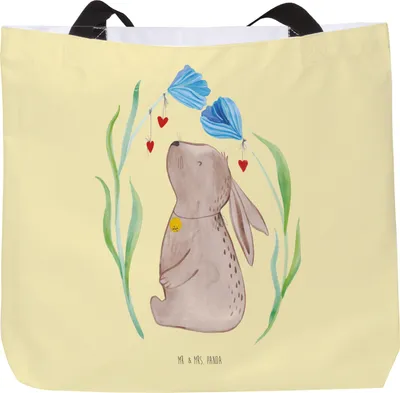 Produktbild von Mr. & Mrs. Panda Tote Bag Hase Blume - Gelb Pastell - Geschenk, Schultasche, Einkaufstasche, Laptoptasche, Tasche, Ostern, Geburtstag, Reisetasche, Hoffnung, Geburt
