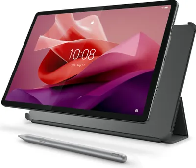 A tablet with a stylus and case, displayed on a white background.