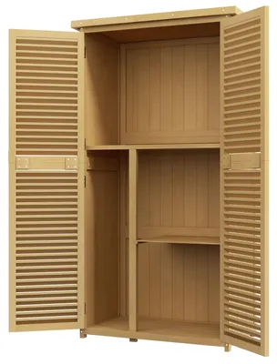 Productafbeelding van Tuinberging, houten tuinhuis voor gereedschap, tuinhuis voor gereedschap met bitumen dak, lamellendeuren, gereedschapskast voor de tuin, 4 compartimenten, lichtgeel, 87 x 46,5 x 160 cm