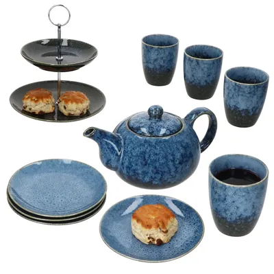 Produktbild von 10tlg Teeset Scones Blau Etagere Kanne Becher Teller Teeservice Geschenk
