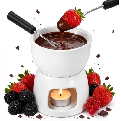 Immagine prodotto di Set per fonduta al cioccolato in Vetroceramica bianca, con 2 forchette, capacità 150 ml