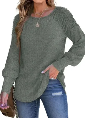 Obrázek produktu pro ASKSA Dámská košile s dlouhým rukávem Puff Sleeve Round Neck Light Rib Knit Casual Elegant Tunic Tops, Army Green, S