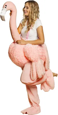 A woman wearing a flamingo costume.