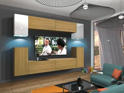 Immagine prodotto di Furnitech Parete attrezzata soggiorno - Parete attrezzata moderna - Parete attrezzata soggiorno con mensole e mobile TV - Mobile soggiorno senza LED (Rodos AN43-17WD-HGM54 1A)
