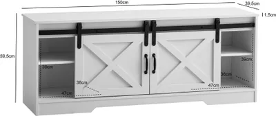 Image de WOHNLING Buffet bas blanc 150x59,5x39,5 cm Commode TV style campagnard Moderne Meuble TV haut Armoire TV avec deux portes coulissantes