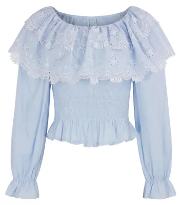 Produktbild von Damen Bluse kurz geschnitten mit Stickereien Farbe Blau Größe XS