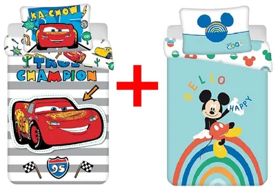 Obrázok produktu pre Disney Cars: Lightning McQueen + Mickey Mouse, detská posteľná súprava, prikrývka 100x135 cm + vankúš 40x60 cm, 100% bavlna, 2-dielna sada