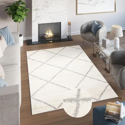 Produktbild von Teppich Wohnzimmer Schlafzimmer Shaggy Hochflor Langflor Creme Grau  60 x 100 cm