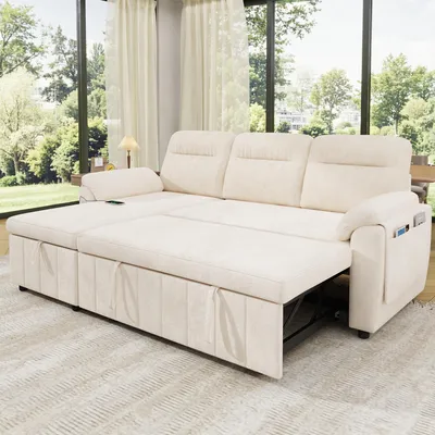 Image de Canapé d'angle en forme de L, 3 places, avec fonction convertible, ports USB/Type-C, canapé convertible, méridienne réversible, tissu velours, couleur beige