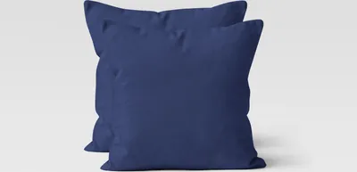 Two navy blue throw pillows are shown against a white background.