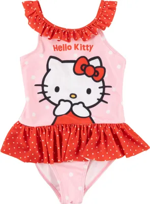 Produktbild von Hello Kitty Badeanzug mit Rüschen für Mädchen - Kinder Schwimmanzug Einteiler Rosa/Rot 134-140