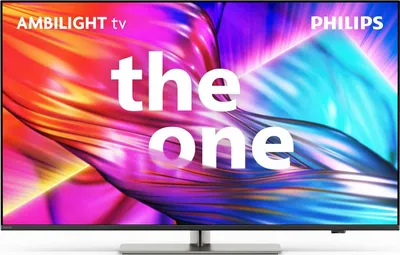 A Philips Ambilight TV displaying colorful abstract graphics and text.