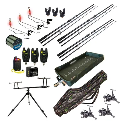 Zdjęcie produktu dla Fish-Xpro Carpset 3 Rod Deluxe – kompletny zestaw karpiowy zawierający wędki, kołowrotki, podest wędkarski i sygnalizatory brania