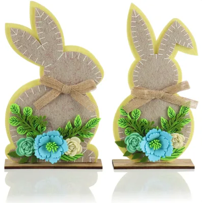 Produktbild von com-four® 2x Deko-Aufsteller Osterhase mit Blumen - Osterdeko zum Hinstellen - Osterdekoration aus Filz mit Holzfuß