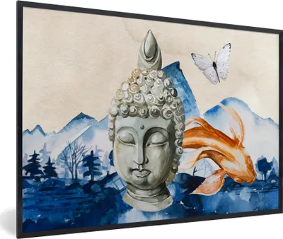 Produktbild von MuchoWow® MuchoWow® Gerahmtes Poster Buddha - Kopf - Berg 90x60 cm - Poster mit zchwarzem Bilderrahmen - Fotorahmen - Foto-Plakat