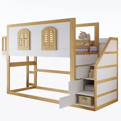 Produktbild von Hochbett mit Stauraumtreppe, Bogenfensterbank, Rausfallschutz, Lattenrost und Fenster, 90x200 cm, Kinderbett, Kiefer