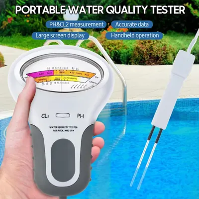 A hand holding a portable water quality tester over a swimming pool.