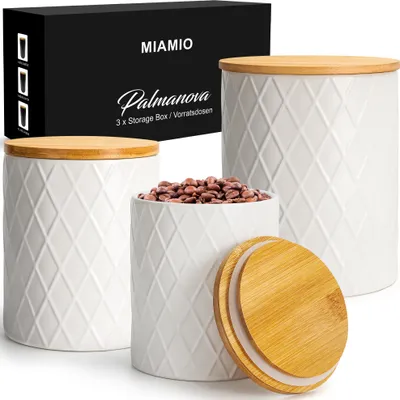 Produktbild von MIAMIO - 3er Set Vorratsdosen aus Keramik mit luftdichtem Holzdeckel