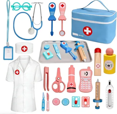 Image de Mallette de docteur pour enfants - Ensemble de jeu médical - Jeu de rôle éducatif - Jouet en bois - 22 x 17 x 7 cm - Disponible en plusieurs couleurs