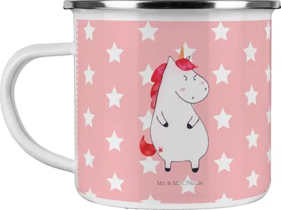 Produktbild von Mr. & Mrs. Panda Emaille Tasse Einhorn Wut - Rot Pastell - Geschenk, Pott, Unicorn, becher, Arbeit, Haferl, Büro, Kaffeepott, Lustig, Spaß, Teetasse