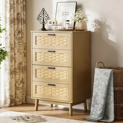Image de Commode avec 4 tiroirs, imitation rotin, aspect bois, pieds en bois de chêne, système anti-basculement
