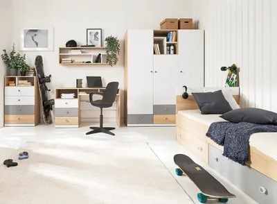 Produktbild von Jugendzimmer Schreibtisch Set in Eiche mit weiß und grau PINETO-133, 5-teilig, inkl. Kleiderschrank und 90x200cm Bett