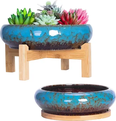 Zdjęcie produktu dla Duża doniczka bonsai z podstawką zestaw 2 - Kolorowe doniczki na sukulenty - Ceramiczne doniczki na kaktusy - Dekoracyjne doniczki ogrodowe