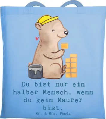 Produktbild von Mr. & Mrs. Panda Schultasche Maurer Herz - Sky Blue - Geschenk, Tote Bag, Shopping Tasche, Lustig, Handwerker, Spruch, Gesellenprüfung, Einkaufstasche, baumwoll shopper
